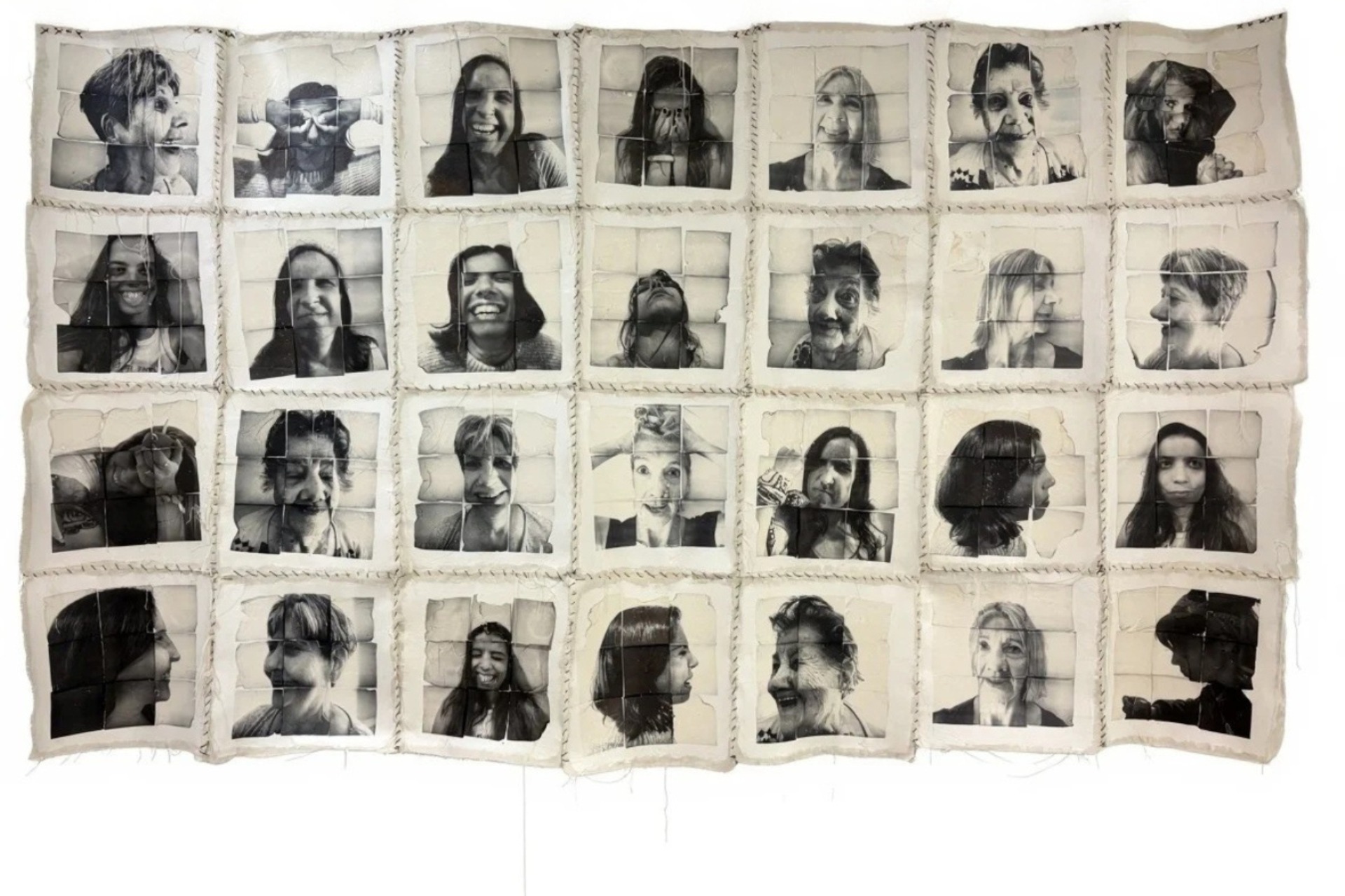 "Nacidas para agradar" (Sketch) Mural composed of 252 Polaroids. Polaroid Emulsion Lift on canvas with hand-stitching. Dimensions: 300 x 170 cm. Year: 2025 - 2026. Status: Available for acquisition.